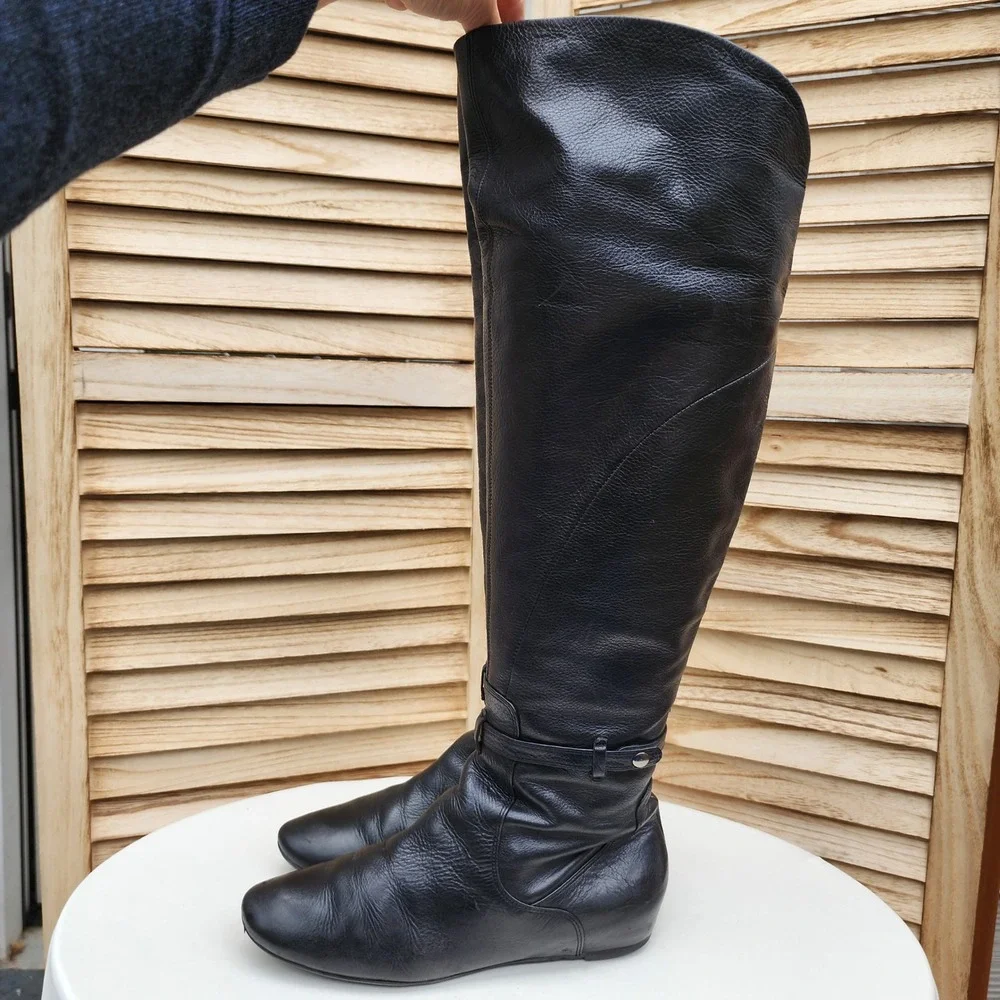 Via Spiga 8M Black Leather Over The Knee Flat Tall Boots Classic Minimalist Fall